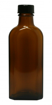 Glasflasche, 100 ml, braun, flach-eckig, mit Verschlusskappe schwarz